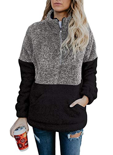GOSOPIN Women Oversize Fleece Pullover Coat Fluffy Sweatshirt Outwear with Pocket Large Dark Gray