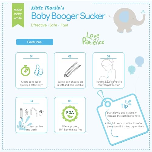 Image of Little Martin's: Baby Booger Sucker - Blue - Reusable Mucus Sucker, Gentle & Quick, Clears Congestion, Safe Infant Care, Suction Vacuum, Nose Cleaner