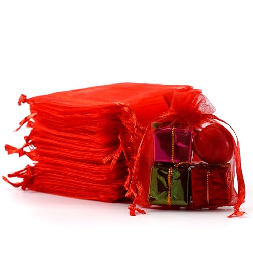Image of Meowoo 100PCS Organza Bags, 3x4in Small Mesh Bags Drawstring, Mesh Gift Bags Drawstring for Jewelry, Candy, Christmas, Sachets, Festivals, Bathroom Soaps, Makeup Organza, Wrapping Supplies(red)