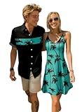DRESSFO Couple Matching Hawaiian Outfits Palm Tree Print Vacation V Neck Spaghetti Strap Dress or Men's Short Sleeve Button Up Shirt(Women/Deep Green/XL)