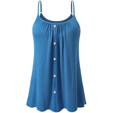 Air Curvey Women's Flowy Camisole with Build in Bra Summer Buttons Pleated Cami Adjustable Strap Tank Top 2025 Blue XXL Cover
