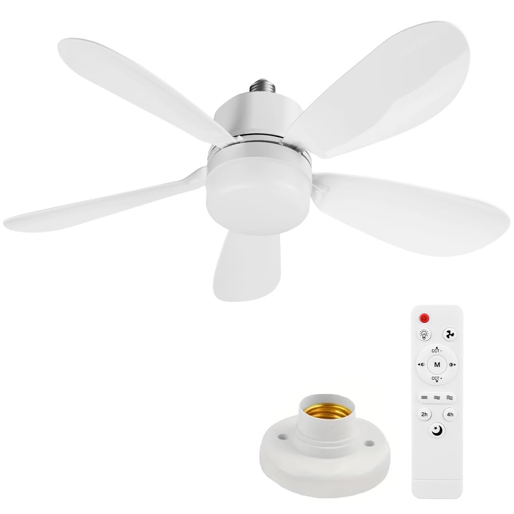 42Cm 30W +Base Ceiling Fan Light With Remote | 42Cm Plug In Socket Ceiling Fan Light | Timing Dimmable Led Light Fan Bulb Fitting | E26/E27 Silent Screw In Lamp Fans For Bedroom