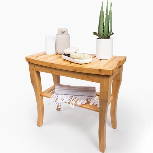 Shower Bench Waterproof Wooden Spa Seat with Storage Shelf for Bathroom Sauna & Entryway Eco-Friendly Bath Stool Available in 3 Sizes