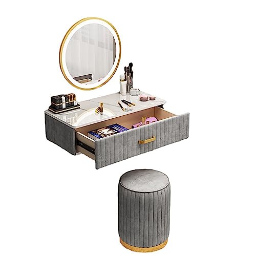 Tocador de maquillaje compacto con espejo y luces LED de 3 colores, juego de tocador que ahorra espacio, elegante escritorio de tocador y taburete acolchado para espacios pequeños, ideal para uso