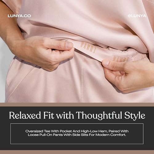 Image of Lunya Washable Silk Tee Pant Set for Women - Oversized Top with Pocket and Pull On Pants