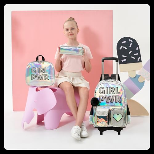 Image of HTgroce Rolling Backpack with Wheel,School Backpack for Kids Girl Roller Schoolbag Wheeled Backpacks Set Carry-on Luggage,Black