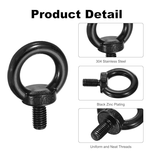 Image of PATIKIL Lifting Eye Bolts M8 x 15mm, 4 Pcs 304 Stainless Steel Shoulder Ring Threaded Screw Machinery Shoulder Eyebolt for Lifting Hanging, Black