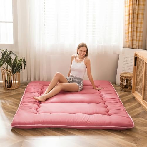 Image of MAXYOYO Japanese Futon Mattress Twin Size Floor Mattress, Thicken Tatami Mat Sleeping Pad Roll Up Mattress Floor Folding Couch Mattress Pad for Guest Room, Pink, Twin