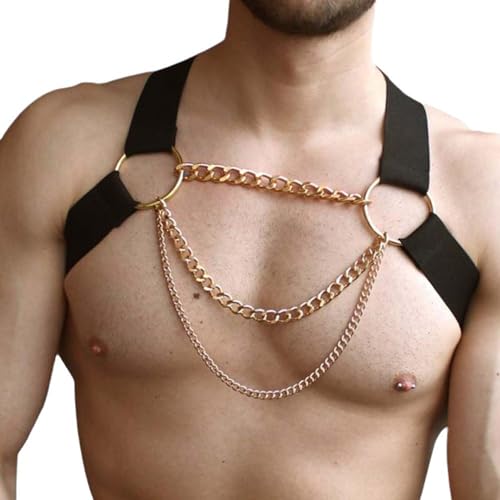 Herren Fetisch Leder Harness Mit Brustkette,Verstellbarer SM Körpergurt für Männer, Sexy Gay Brustgeschirr Mmit Auffälligen Ketten für Besondere Anlässe.