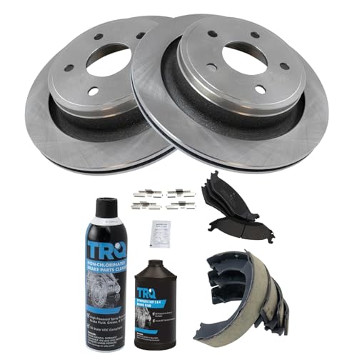 Image of TRQ Rear Brake Pad & Rotor Kit, with Chemical Kit Parking Brake Shoe Set Semi-Metallic Compatible with 2003-2004 Dodge Ram 1500