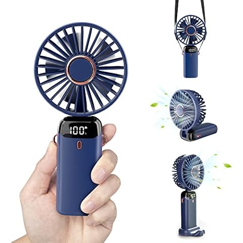 Pluralla Personal Fan, Portable Hanging Neck Fan, 5000mAh USB-C Rechargeable 5-Speed Modes Powerful Desktop Fan with Base, Max 16H Run Time, Adjustable Lanyard and Bracket Hands-free Cooling Fan-Blue Cover
