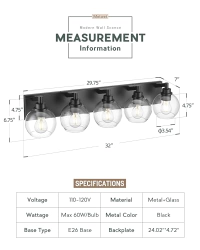 Image of Bathroom Light Fixtures, 5 Light Matte Black Vanity Light, 32 Inch Modern Wall Sconces with Globe Clear Glass Shade, Vanity Lighting Fixtures Over Mirror, VL195-MB-CL-5
