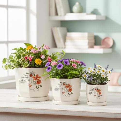 Image of Xtore Artistic Floral Face Ceramic Planter Set with Drainage Saucers | Decorative Planter Pot for Living Room, Balcony & Contemporary Plant Styling (Set of 3, Ivory Beige - Planters only)