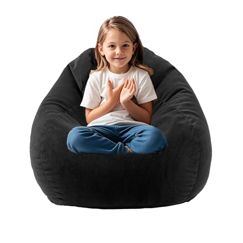 Enbaohui 3Ft Memory Foam Bean Bag Chairs For Teens Or Adults With Filling Bean Bag Sofa With Handle Super Soft Washable Corduroy Fabric Lazy Sofa 3 Foot Black cover