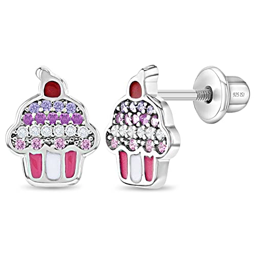 925 Sterling Silver Colorful Enamel & Cubic Zirconia Cupcake Screw Back Earrings for Girls - Kids Jewelry With CZ Stones - Perfect Toddler Hypoallergenic Earrings