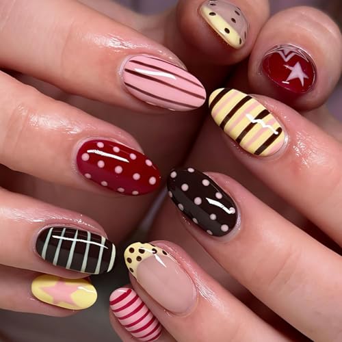 Image of Chocolate Stripe Press on NailsPolka Dot Nail Press ons Medium Oval Fake Nails with Retro Design Reusable Glossy Full Cover Stick on Nail for Women Manicure 24Pcs