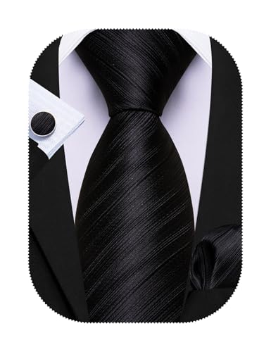 Image of Barry.Wang Tie Sets for Men Silk Stripe Necktie Woven Checkered Handkerchief Cufflinks Formal Business Wedding