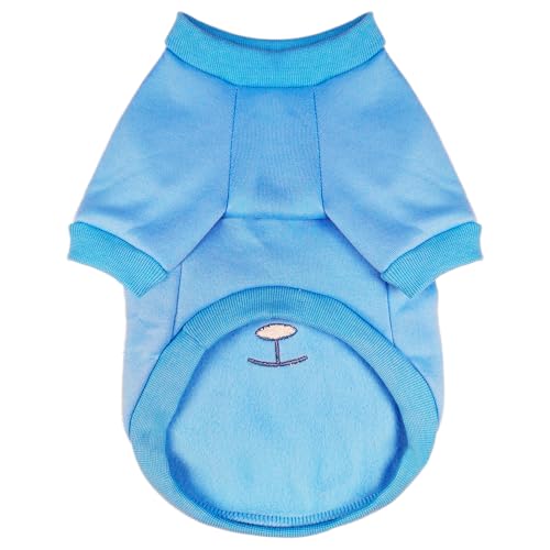 Image of Blue Cute Dog Sweater Soft Winter Clothes for Small Dogs, M | Classic Blue Knit Pullover, Fall Winter Outfit, Elastic Cuffs, Holiday Party Matching, Machine Washable Sweatshirt for Pets