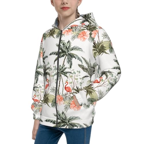 Flamingo Palm Trees Kid Hoodies Boys Zip Up Sweatshirts Girls Pullover with Pocket