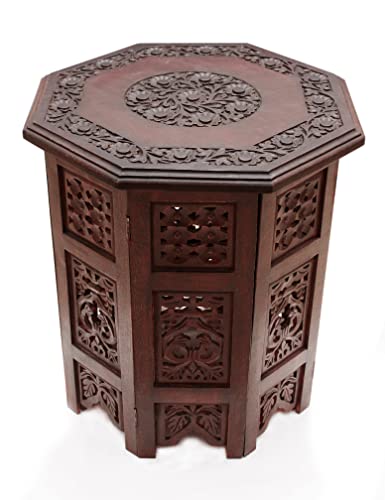 COTTON CRAFT Solid Wood Accent End Table - Hand Carved Vintage Boho Folding Side Table - Small Spaces Entryway Farmhouse Living Room Bedside - No Tools Assembly - 18x18 Octagon - Brown