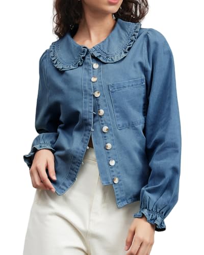 Womens Puff Long Sleeve Denim Shirts Peter Pan Collar Button Down Jean Blouse Casual Denim Tops with Pocket