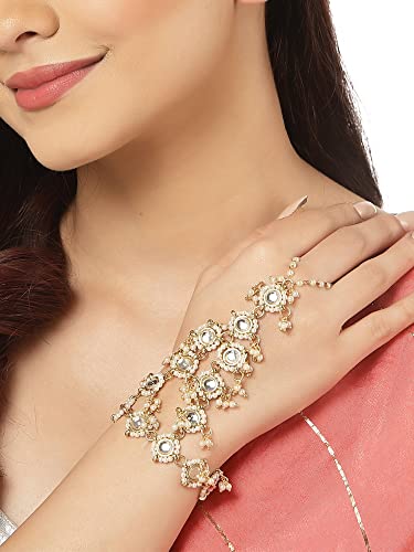 Image of Karatcart Gold Plated Baby Pink Pearl Chain Kundan Hathphool