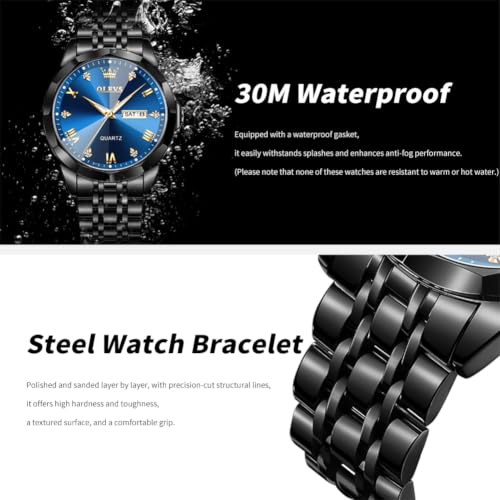 Image of OLEVS Watch for Men Diamond Business Dress Analog Quartz Stainless Steel Waterproof Luminous Date Two Tone Luxury Casual Wrist Watch Blue