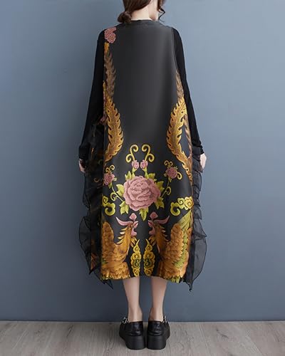 ellazhu Women's Funky V-Neck Vest Side Slit With Lace Floral Print Sleeveless Outerwear GZ145 A3