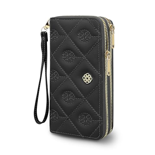 Women's Wallet, Double Zip Leather Phone Wallets, Large Capacity Card Holder Wristlet Purse with Zipper Pocket (Black)