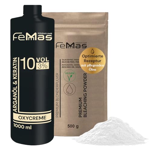 FemMas Blondierungspulver Set 500g vegan & Entwickler 3 Prozent 1L I ultra stark & staubfrei I mit nährstoffreichen Ölen I Hair Bleach Kit für zuhause in Salonqualität I Blondierung von 7-9 Tonstufen