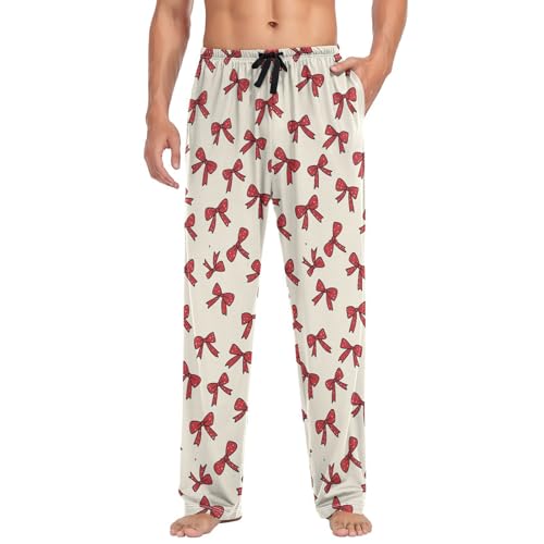 Men’s Red Bows Pajama Pants with Pockets, Comfortable Lounge Sleep Bottoms#6133