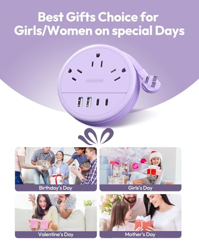 NTONPOWER Purple Travel Power Strip with 3 AC Outlet 4 USB(2 USB C), Dorm Room Essentials 4FT Flat Extension Cord, Purple Desk Accessories Compact fo for Hotel Travel Cruise Essentials - image 8