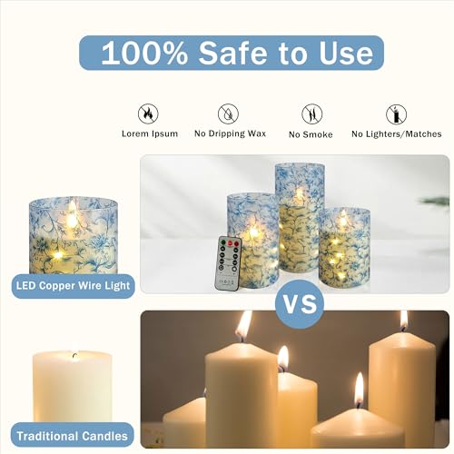 Image of Blue Floral Flameless LED Pillar Candles with String Lights, 3pcs Battery Operated Flickering Candles with Remote Timer, Decorative Flower Printed Candles for Wedding Home Decor Romantic Ambiance