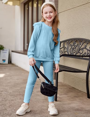 Image of Arshiner Toddler Girl 2Pcs Ribbed Knit Clothes Ruffle Trim Long-sleeve Pullover Sweatshirt and Leggings Fall Outfits 1-6T