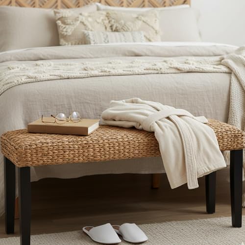 Image of Entryway Bench with Solid Wood Acacia, 47 inch End of Bed Bench for Bedroom, Water Hyacinth Indoor Bench Seat, Boho Woven Bench for Living Room, Wicker Bench for Hallway or Kitchen, Wood Bench (Black Leg)