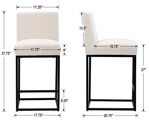 Image of HNY Modern Counter Height Bar Stools Set of 6, Linen Upholstered Kitchen Island Stools with Backrest, 27 Inch Bar Stools with Black Metal Frame, Cream