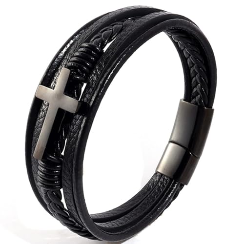 Stainless Steel Braided Leather Bracelet for Men Cuff Bangle Cross Magnetic Clasp 8.26 inches, black