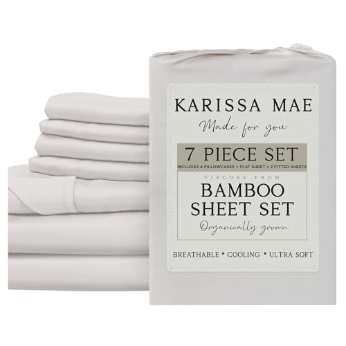 Image of KARISSA MAE 7 Piece Luxury Bamboo Viscose Split King Sheets, FSC Certified | Includes 2 Twin XL Fitted Sheets | Sleep Number & Adjustable Bed | Cooling | 18 inch Deep Pocket | 4 Pillowcases [Cream]