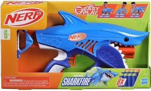 Nerf Jr Wild Sharkfire – Lançador com Design de Tubarão em Plástico Azul e Laranja, com 8 Dardos de Espuma, para Crianças a Partir de 6 Anos, Presentes para Meninos e Meninas