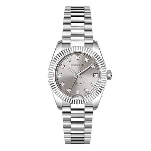 KNISKRED Montre Classique pour Femmes avec Cristal Accentué et Bande en Acier Inoxydable Solide Dames Robe Montre Résistante à l'eau (Argenté Gris)