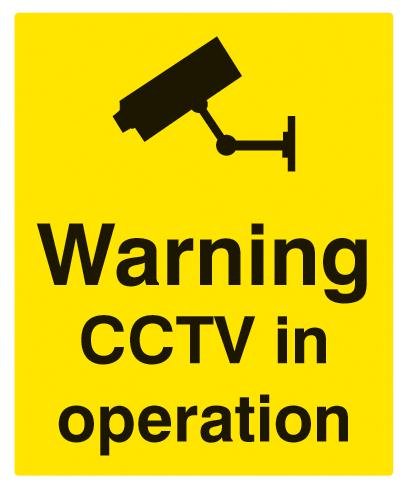 Señal de advertencia CCTV en funcionamiento, Rp, altura externa 400 mm, ancho externo 300 mm, color negro sobre amarillo, videovigilancia, material de la señal de plástico, aviso de seguridad, persona