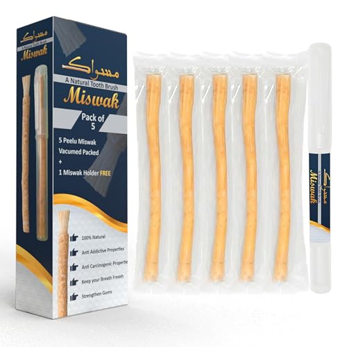 Natural Miswak Sticks (Pack of 5) | Organic Peelu Chewable Toothbrush for Teeth Whitening & Oral Hygiene | Vacuum Sealed Freshness | Includes 1 Travel Pen Holders | مسواك