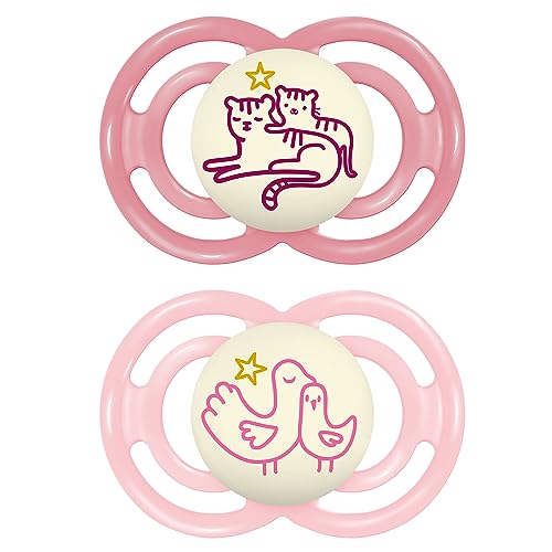 Image of MAM Perfect Night Baby Pacifier, Patented Nipple, Glows in The Dark, 2 Pack, 6-16 Months, Girl
