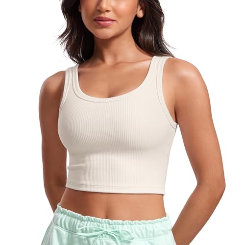 Image of CRZ YOGA Ribbed U Neck Crop Tank Tops | Medium Support, Removable Pads, Casual, Wide Straps, Longline Sports Bras for Women