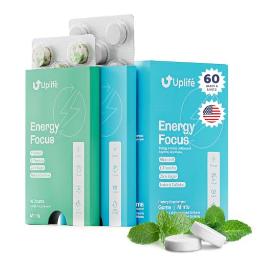 Image of UPLIFE Energy Gum & Mint - 60 Pcs (30 Each), Made in USA | 40mg Natural Caffeine + 80mg L-Theanine + Vitamin B12 & B3 | Sugar-Free, Vegan | Caffeine Gum for Energy, Focus & Mental Clarity - Peppermint