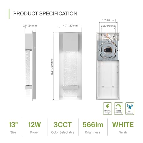 Image of ASD LED 13 inch Bubble Glass Wall Light Fixture, Outdoor & Indoor Seeded Sconce | 3CCT, Waterproof, Dimmable, ETL Listed | 12W 500LM 3000-5000K 120V | Exterior Lantern, Porch Lighting | White
