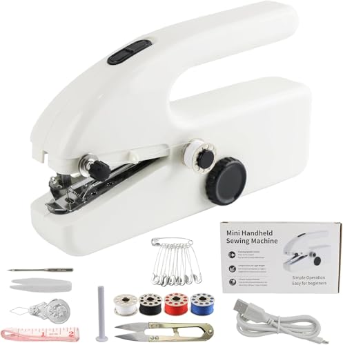 Image of Hand Held Sewing Machines For Adults, Hand Held Sewing Machines For Hemming with Test Fabric(Not second-hand), Easy To Use Rechargeable USB Hand Sewing Machine For Beginners(WHITE-1)