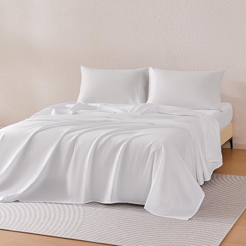 Amazon Basics Sheet Set Cationic 4-Piece Bedding Set Wrinkle Free and Easy Fit Easy Care Bedding with 1 Deep Pocket Fitted Sheet 1 Flat Sheet and 2 Pillowcases Queen White