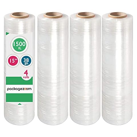 PackageZoom 15 inches x 1500 ft Pre-Stretched Wrap Film 38 Gauge Moving Supplier and Packaging Stretch Wrap 4 Packs Cover