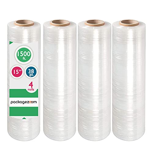 PackageZoom 15 inches x 1500 ft Pre-Stretched Wrap Film 38 Gauge Moving Supplier and Packaging Stretch Wrap 4 Packs